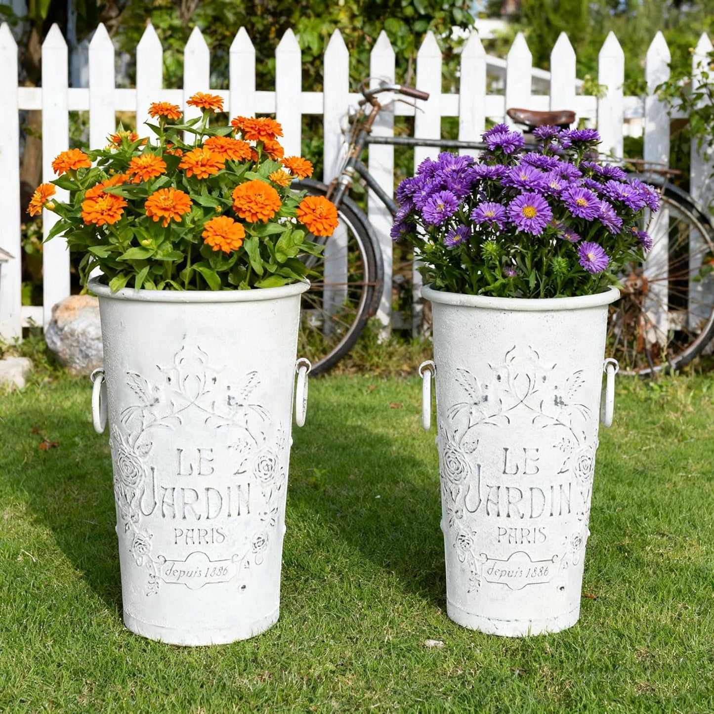 Set of 2 Distressed White Metal Flower Pots - Le Jardin Paris 14" Vintage Planters, Decorative Round Plants Buckets for Indoor/Outdoor Garden Patio Decor