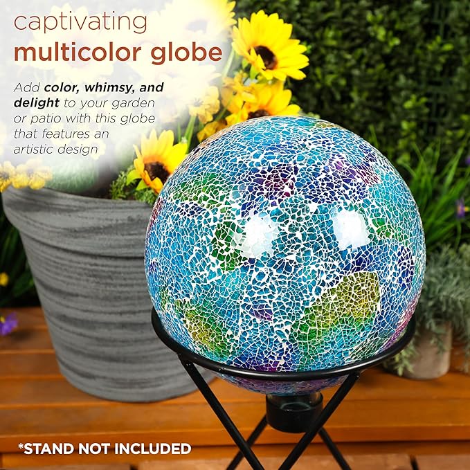 Alpine Corporation HMD226 Shades of Blue Crackle Glass Gazing Ball, Colorful Home Décor for Patio & Garden, 12" H, Multicolor