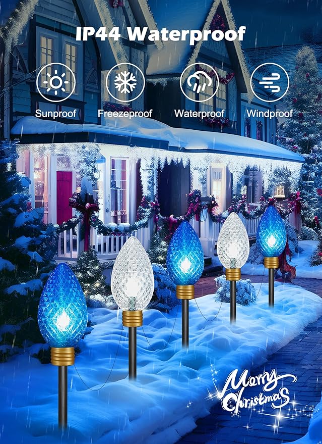 2 Pack 11Feet 5 LED Super Jumbo Christmas String Lights or Pathway Marker Lights, Outdoor Xmas Decorations- Jumbo C9 Hanging Lights Waterproof Lawn Dec for Holiday Home Tree Roof Yard, Blue ＆ White