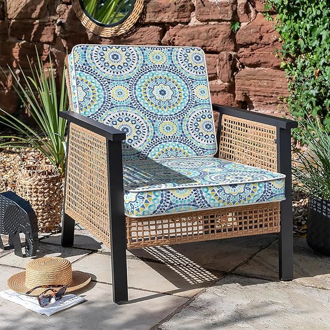 LVTXIII Patio Chair Cushions 22"x22"x3", Water-Repellent Outdoor Seat Cushions for Patio Furniture, Square Chair Pads with Ties for Home Garden Decoration, Set of 2, Delancey Lagoon