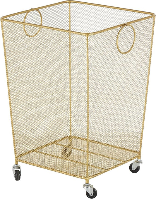 Deco 79 Metal Storage Cart Square Mesh Wire Rolling Laundry with Ring Handles, 17" x 16" x 24", Gold