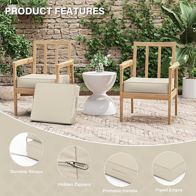 Patio Chair Cushions 18.5 X 16 X 4 Inch Waterproof Outdoor Seat Cushions for Patio Furniture, Outdoor Sofa Couch Pads with Ties & Handle, Set of 2, Cream