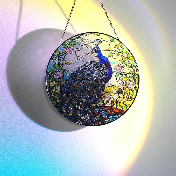 7.8'' Peacock Decor Suncatcher Stained Glass - Originally Designed Peacock Suncatchers for Sun Catchers Indoor Window | Gifts for Peacock Lovers Painted Glass Panel Decor Themed Gift