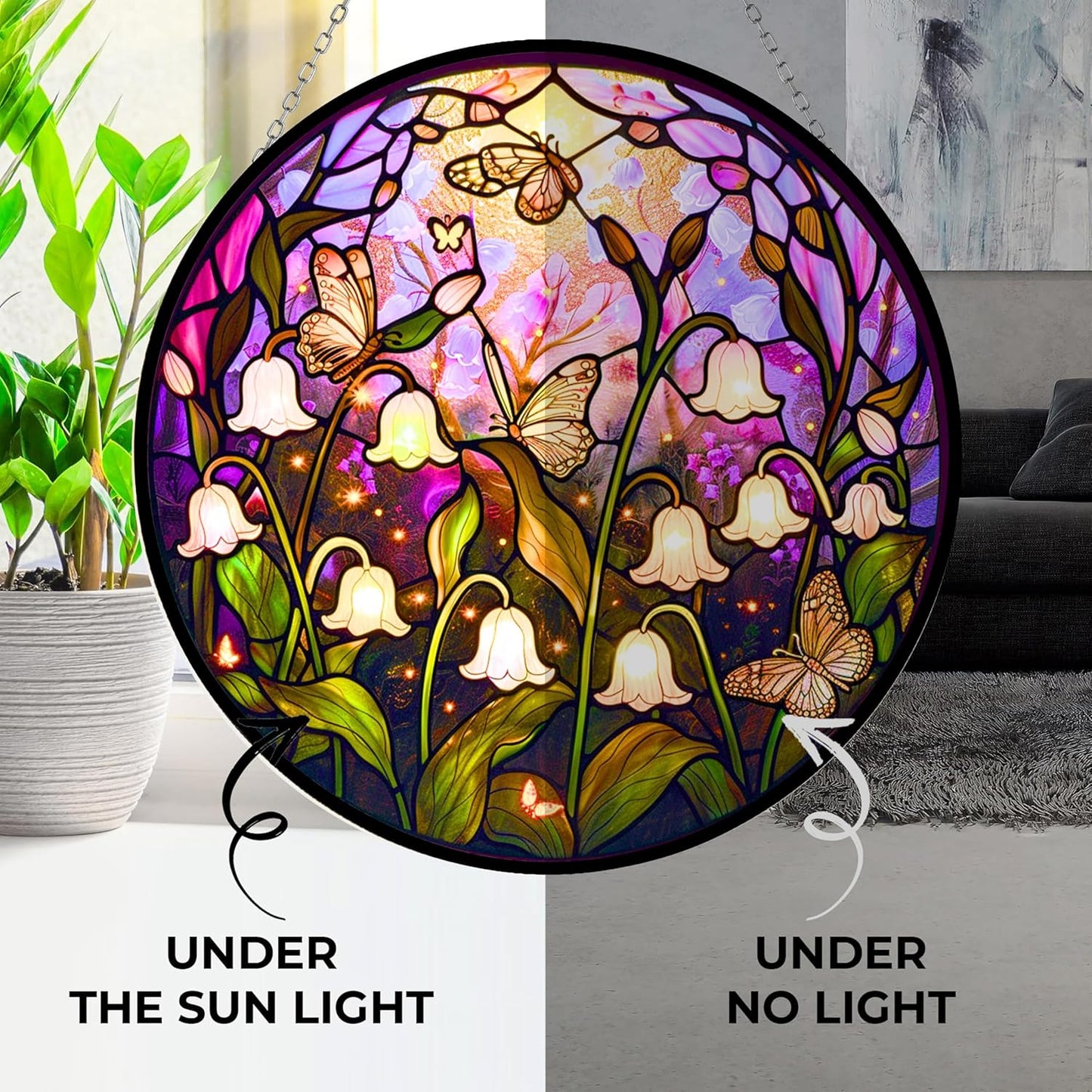 Lily Stained Glass Window Hanging, Lily of The Valley Flower Sun Catchers Colorful Glass Panel Green Plants Christmas Suncatcher Decor for Birthday for Women,Men,Wife, Lovers & Mom 6.3 in