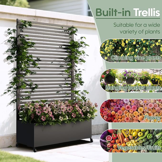 Metal Planter Box with Trellis Privacy Screen, Raised Garden Bed with Trellis & Wheels, Privacy Planters for Patio, Planter Box with Drainage Holes for Climbing Plants, Flower, 73"x 47"x 16", Black