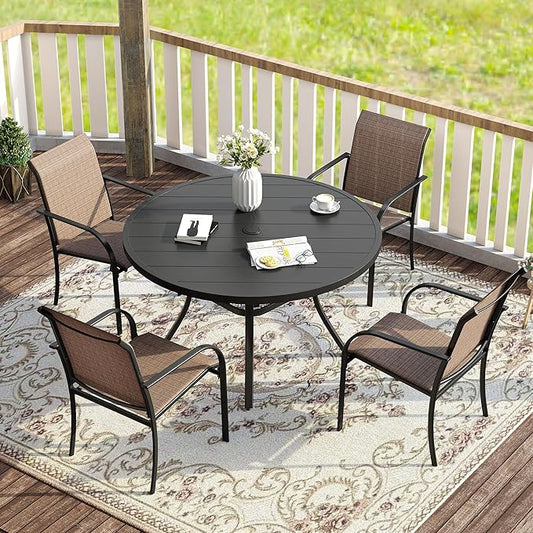 VICLLAX 5 Pieces Patio Dining Set for 4, Outdoor Furniture Set Includes 40.7" Round Patio Table and 4 Patio Stackable Chairs, Black Tabletop and Brown Fabric