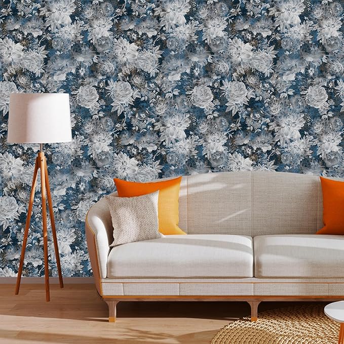 Vintage Garden Peel & Stick Floral Wallpaper - Removable White/Blue Vinyl Self Adhesive Mural - 17.7in x 19.68ft