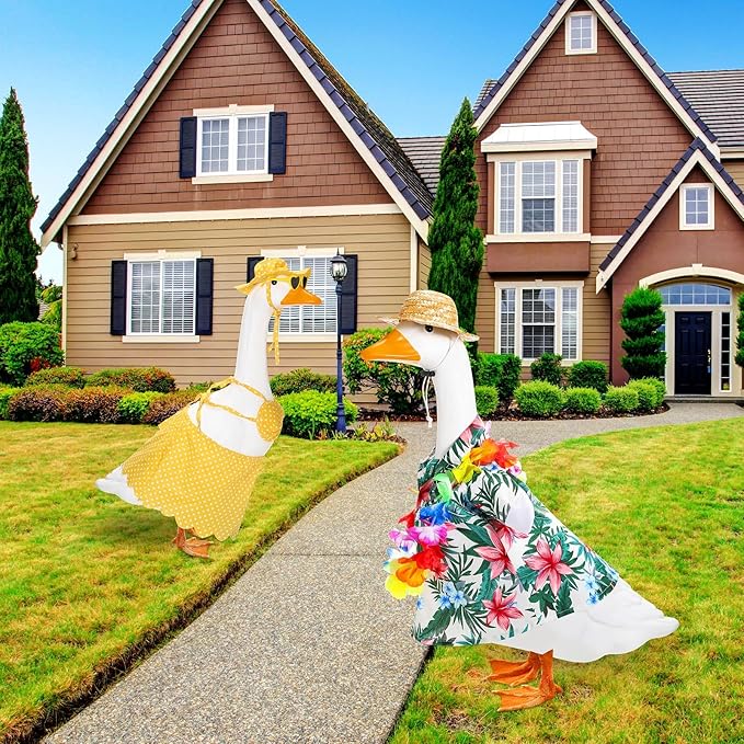 2 Set Hawaiian Luau Porch Goose Outfit for Lawn 23'' Plastic Goose Clothes Costume Summer Outdoor Decor(Bikini)
