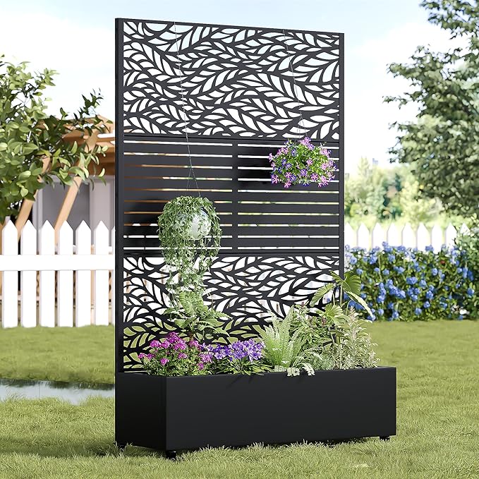 Casaphoria Metal Raised Garden Bed with Trellis and Wheels, 72"x47"x16" Planter Box for Climbing Plants, Vegetables & Vines, Features Drainage Holes and Privacy Screen, Black(Spring&Louvered)