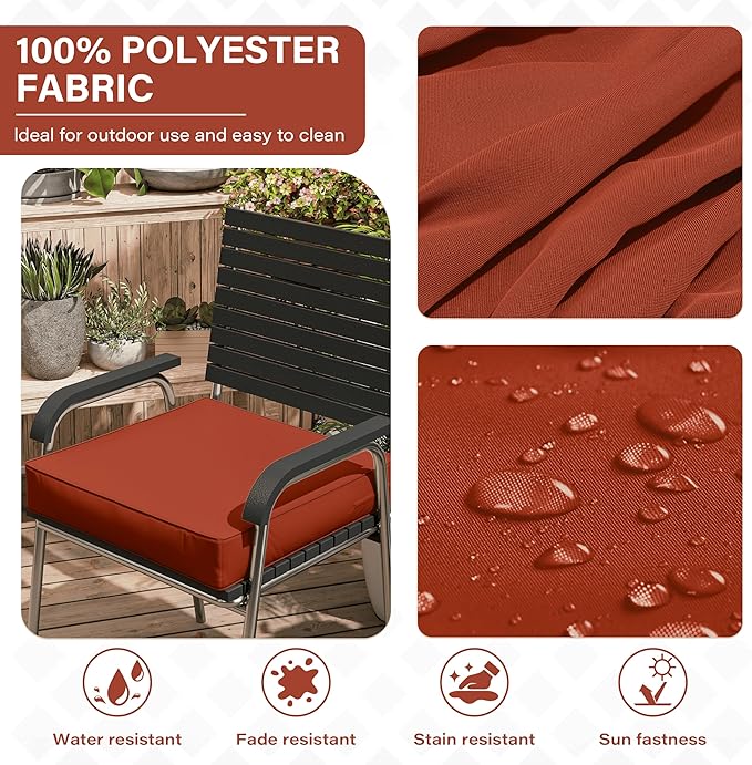Patio Chair Cushions 19 X 19 X 4 Inch Waterproof Outdoor Seat Cushions for Patio Furniture, Outdoor Sofa Couch Pads with Ties & Handle, Set of 2, Terra Red