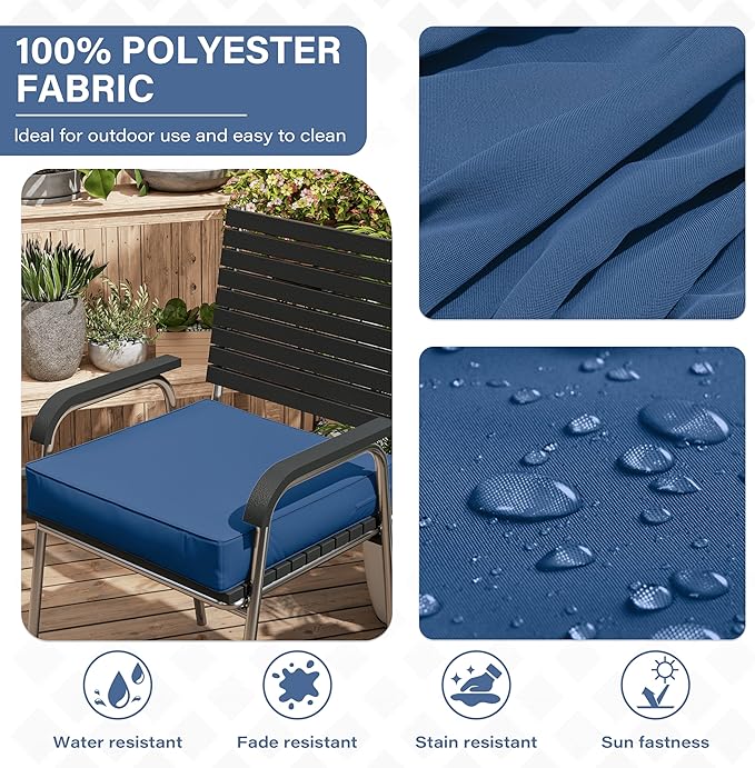 Patio Chair Cushions 19 X 19 X 4 Inch Waterproof Outdoor Seat Cushions for Patio Furniture, Outdoor Sofa Couch Pads with Ties & Handle, Set of 2, Blue