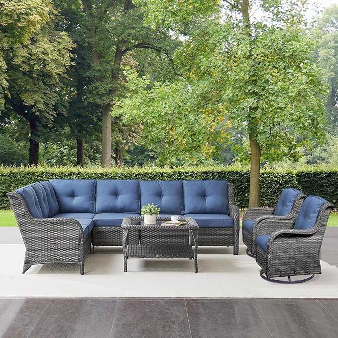 Outdoor Furniture Sectional Sofa L Shaped Couch - Patio Wicker Furniture Set with Coffee Table, 3 Piece Rattan Patio Conversation Sets with Blue Cushion for Deck Backyard Sunroom