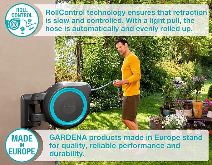 GARDENA (18630) Retractable Garden Hose Reel 115' x 1/2" Wall Mounted, Automatic Retraction & Length Lock for Easy Watering. Heavy Duty Swivel Bracket 180°, Includes Nozzle. Made in Europe