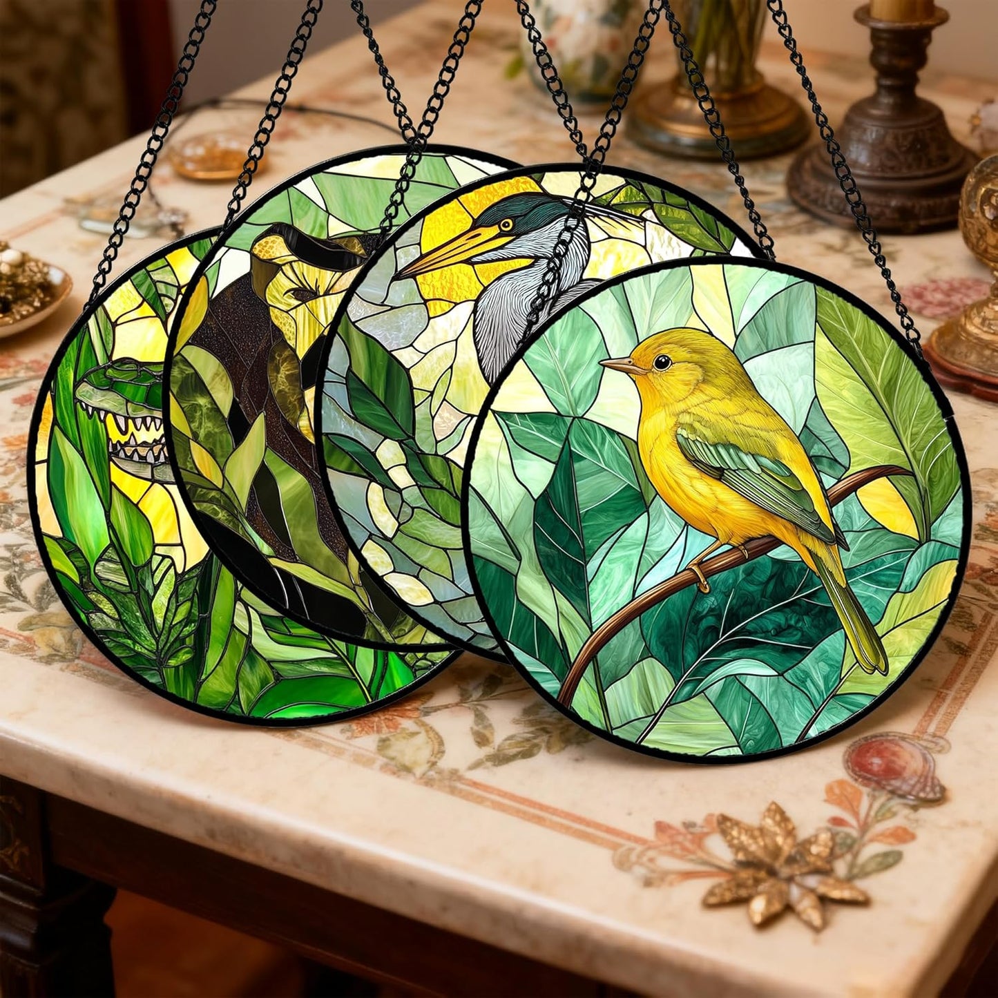 Stained Glass Window Hanging 4 Pcs Set Green Plants Animals Theme 7.8" - Bird Tiger Suncatcher Door Garden Sun Catcher Decor Birthday for Mom Woman Nana Men Friend