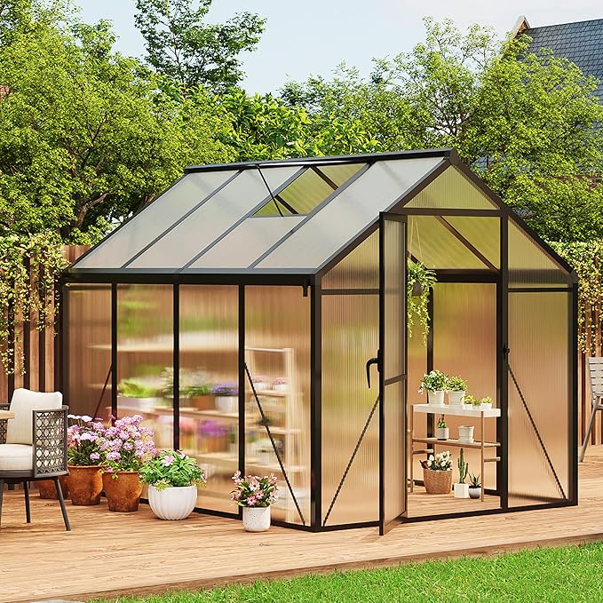 6 x 8 FT Greenhouse, Greenhouses for Outside, Polycarbonate Greenhouse with Aluminum Frame, Lockable Door and Ajustable Roof Vent for Backyard, Green Houses for Outside Garden Backyard, Patio