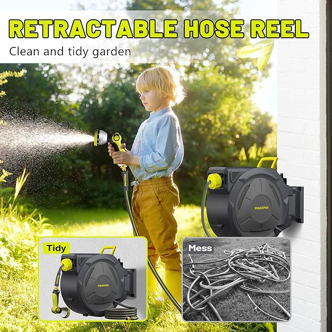 Retractable Garden Hose Reel 160Ft Extra Long, PHLEX PRO Heavy Duty Automatic Water Hose Reel Wall Mounted with 10 Pattern Nozzle, Any Length Lock, Slow Return System, 180°Swivel Bracket