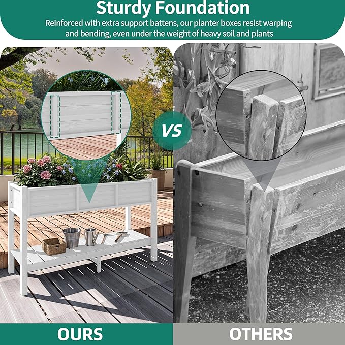 YITAHOME Raised Garden Bed, 47x18x31 Inch HIPS Poly-Wood Weather-Resistant Elevated Planter Box with Storage Shelf for Vegetable Flower, White