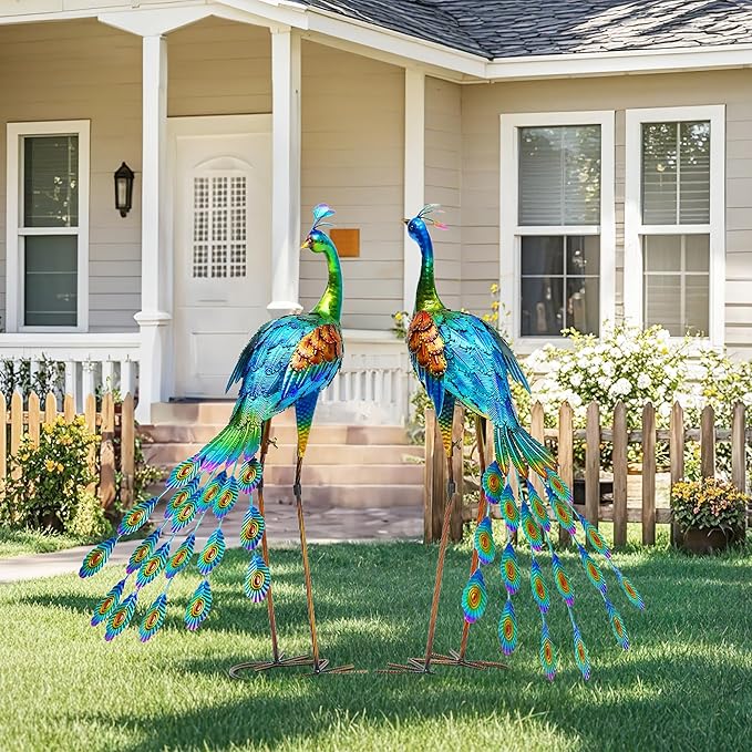32" Tall Metal Peacock Garden Decor Outdoor Statues, Metal Standing Couple Peacock Decor for Outdoor, Handcrafted Garden Art Sculptures for Patio, Yard, Lawn Home Decoration, Set of 2