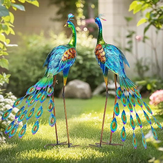 32" Tall Metal Peacock Garden Decor Outdoor Statues, Metal Standing Couple Peacock Decor for Outdoor, Handcrafted Garden Art Sculptures for Patio, Yard, Lawn Home Decoration, Set of 2