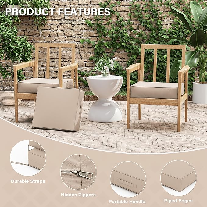 Patio Chair Cushions 18.5 X 16 X 4 Inch Waterproof Outdoor Seat Cushions for Patio Furniture, Outdoor Sofa Couch Pads with Ties & Handle, Set of 2, Sand