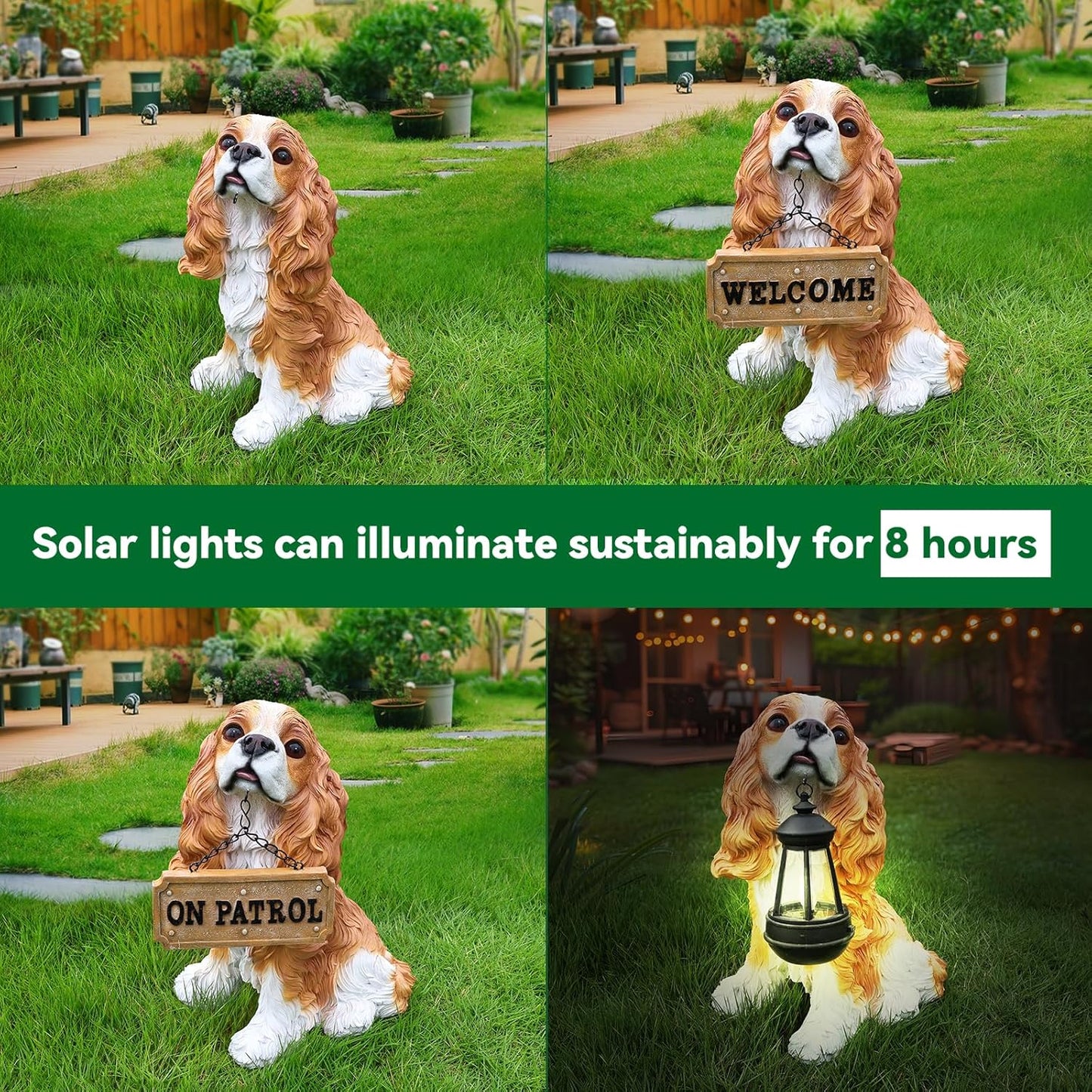 Sunny Cavalier King Charles Spaniel Solar Welcome Dog Statue, Hand-Painted Sitting Resin Puppy Figurine with Dual Signs and Lantern for Garden, Patio, and Front Porch Décor
