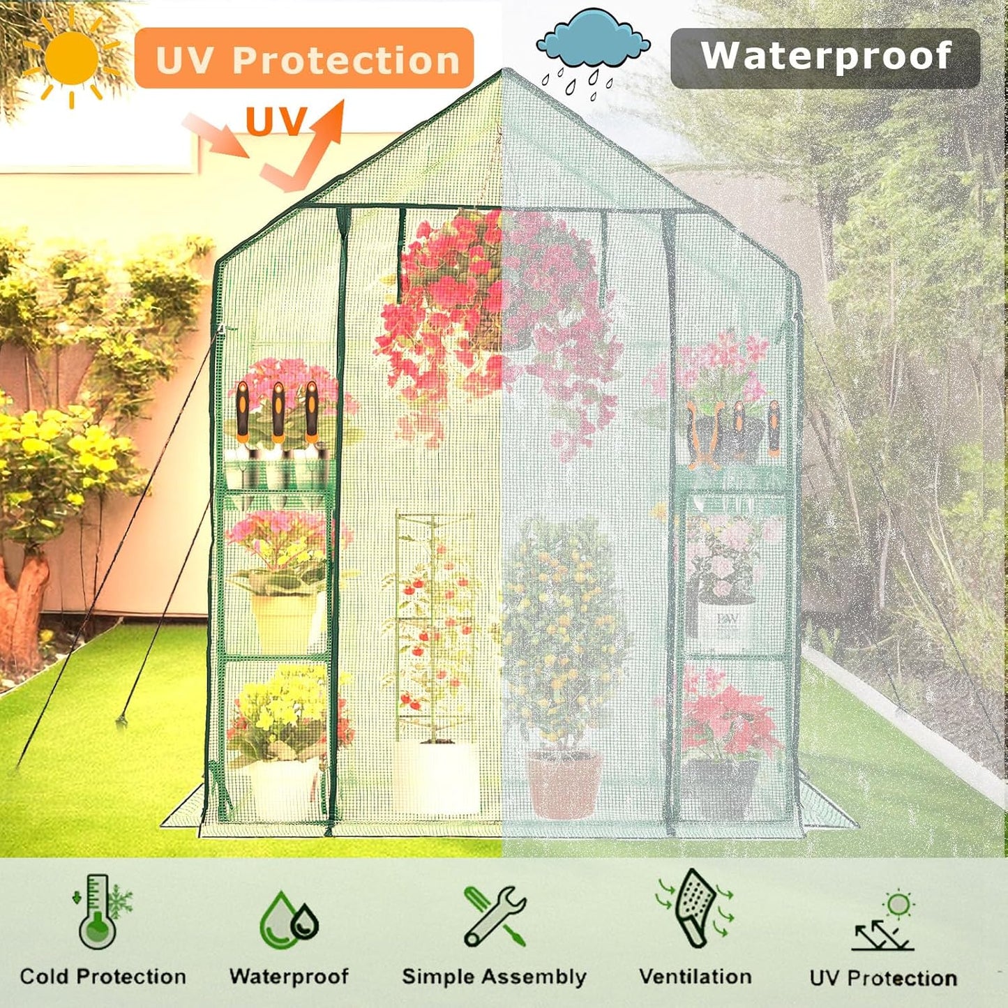 Walk-in Greenhouse 3 Tiers 6 Shelves Roll-Up Zipper Door -28x56x76 inch PE Greenhouse Cover for Outdoor Plant Gardening Plants Cold Frost Protection Wind Rain Proof(PLGHW001G-N)