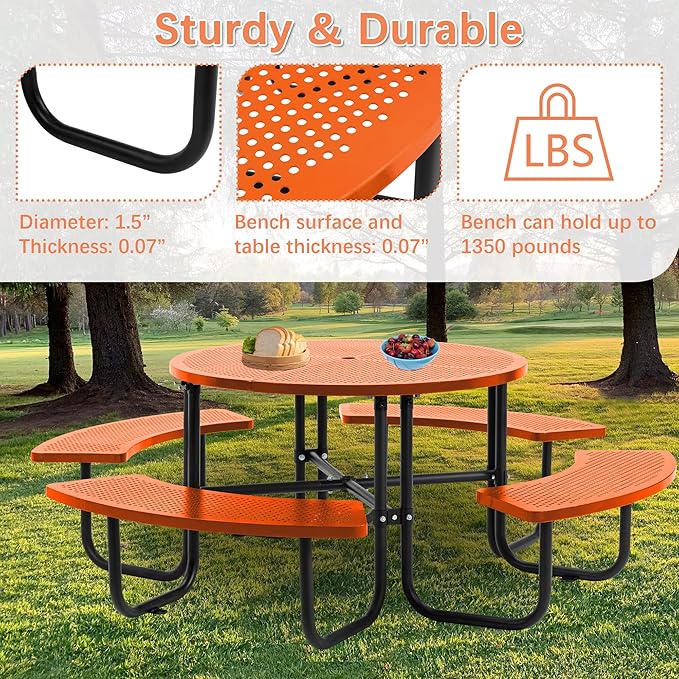 46'' Steel Round Picnic Table for Outdoors, Expanded, Lifetime Picnic Table with Umbrella Hole, Heavy Duty Sturdy Commercial Picnic Tables for Garden Courtyard BBQ, Orange