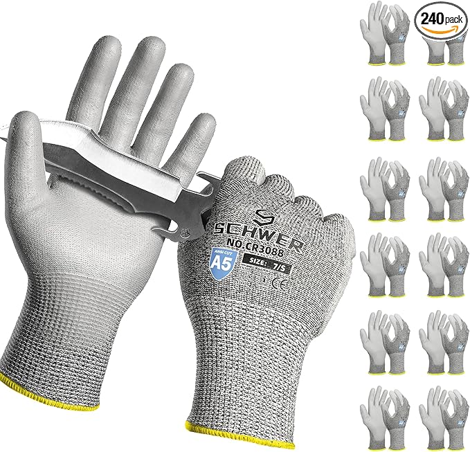 240 Pairs ANSI A5 Cut Resistant Work Gloves, Cut Proof Gloves with PU Coating, Used for Metal Fabrication, WoodWorking, Construction, Non Slip, Durable, S, CR3088