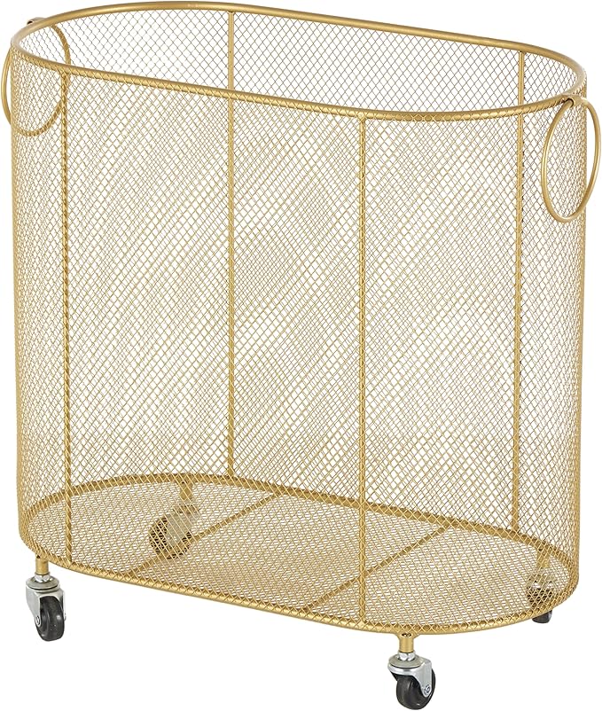 Deco 79 Metal Storage Cart Oval Mesh Wire Rolling Laundry with Ring Handles, 21" x 12" x 21", Gold