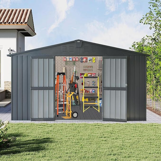 Domi Outdoor Storage Shed 11’ x 9’, Metal Sheds with Galvanized Steel Frame & Windows & Lockable Door, Garden Shed Tool Storage Room for Patio, Grey