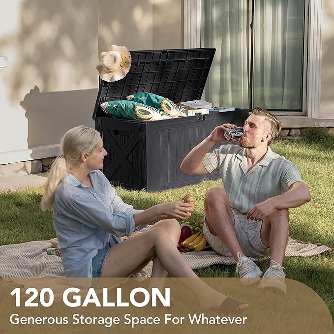Devoko 120 Gallon Deck Box Resin Outdoor Storage Box Waterproof for Patio, Large Outdoor Storage Bench Lockable for Outside (Black)
