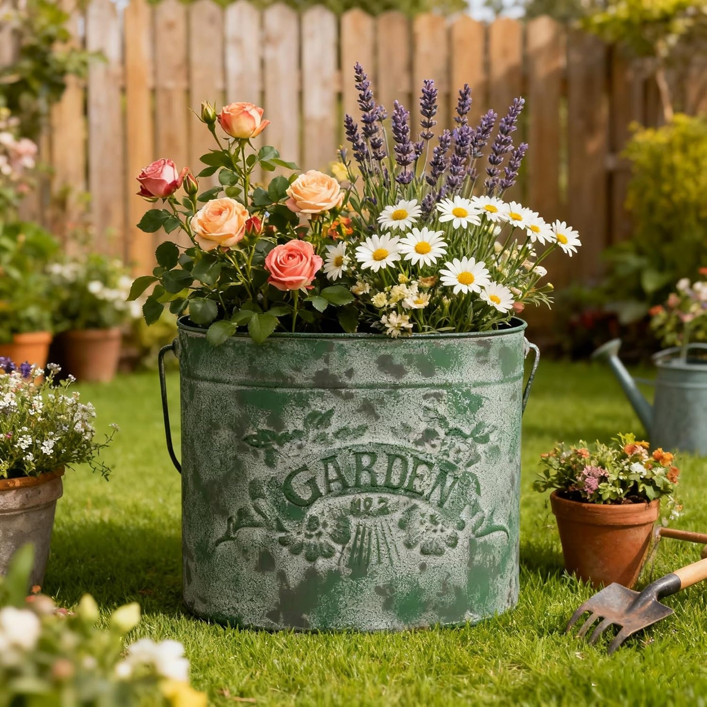 Vintage Distressed Green Metal Planter Pot with Handles, Garden No.2 Embossed Design, Rustic Farmhouse Flower Bucket for Indoor Outdoor Gardening, Succulents, Herbs, Home Decor