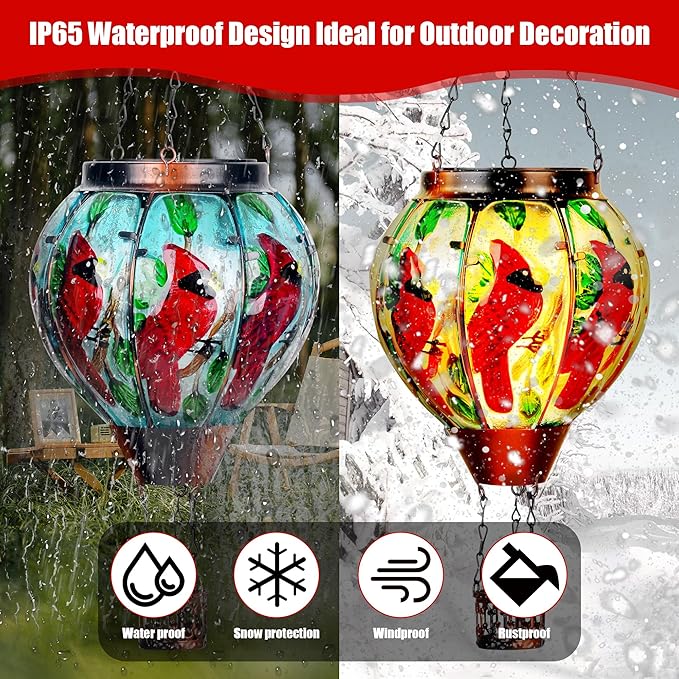 2 Pack Cardinal Solar Hot Air Balloon Lantern with Flame, Outdoor Christmas Decorations Flickering Solar Lights, Glass Hanging Solar Lantern Waterproof, Gardening Gifts for Outdoor Garden Patio Decor