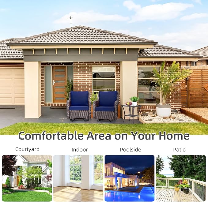 Towallmark Outdoor Swivel Wicker Glider Patio Chairs with Table Set, 3 Pieces Outdoor Bistro Set with 4”Thick Cushions and Coffee Table for Porch, Balcony, Deck (Blue)