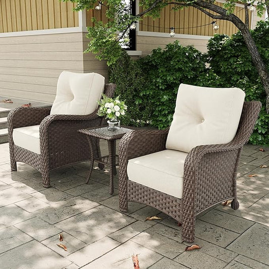 3 Pieces Outdoor Patio Furniture Sets with Single Chairs with 6-inch Thick Cushion and Side Table for Deck Lawn