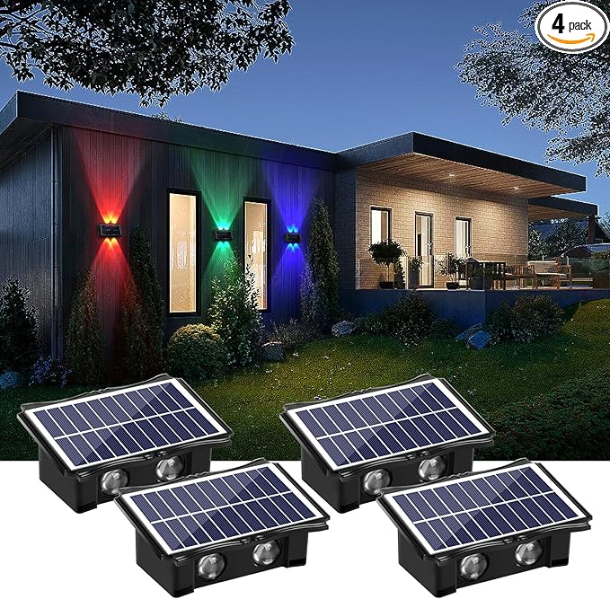 4LED Multi-Color Solar Wall Lights, Up and Down Lighting Solar Outdoor Light Waterproof IP65, Solar Fence Light for Yard Garden Garage Walkway Porch Christmas Decorations (4 Pack)