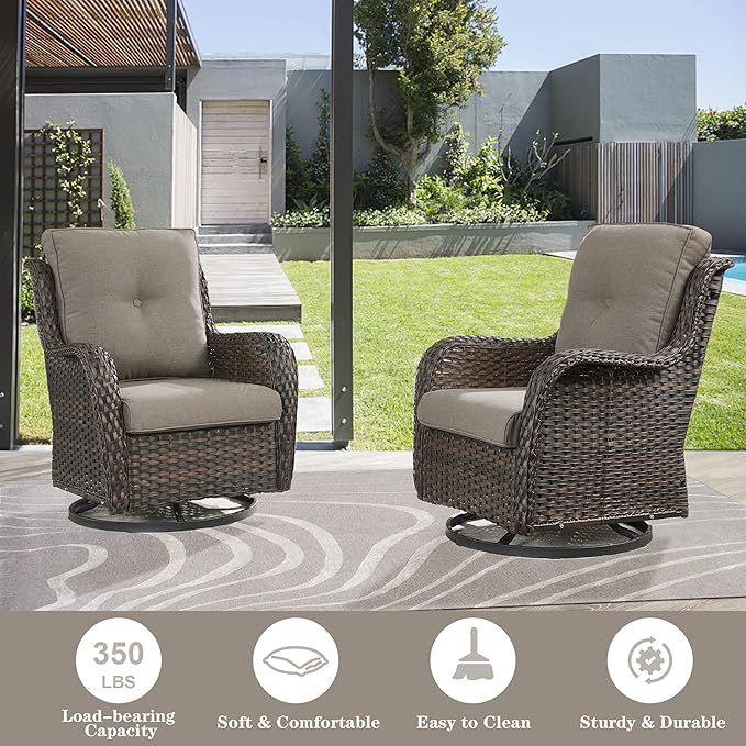 Wicker Outdoor Furniture Patio Furniture Set - 6 Piece Patio Conversation Set with Swivel Rocker Chairs, Loveseat Sofa, Ottomans and Coffee Table, Gray Cushion
