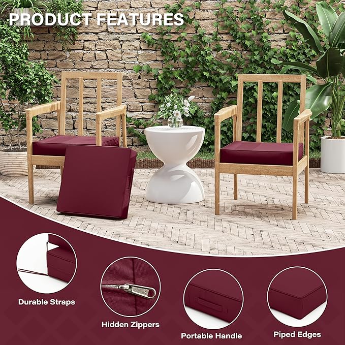 Patio Chair Cushions 17 X 16 X 3 Inch Waterproof Outdoor Seat Cushions for Patio Furniture, Outdoor Sofa Couch Pads with Ties & Handle, Set of 2, Burgundy