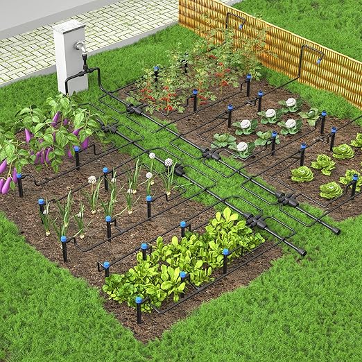 Bonviee 230FT Drip Irrigation System with Quick Connector, New Automatic Drip Irrigation Kits for Garden Raised Bed- A Complete Watering System with 5/16“ and 1/4'' Tubing, Drip Emitters