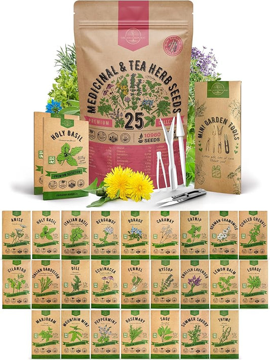 Organo Republic 25 Medicinal & Tea Herb Seeds Variety Pack for Indoor & Outdoors. 10900+ Non-GMO Heirloom Garden Seeds: Anise, Borage, Cilantro, Chamomile, Dandelion, Rosemary, Peppermint Seeds