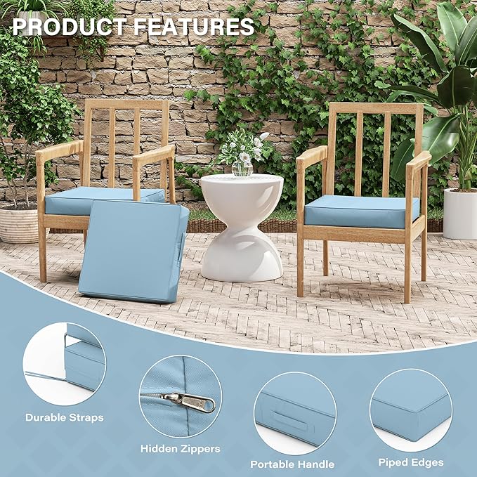 Patio Chair Cushions 17 X 16 X 3 Inch Waterproof Outdoor Seat Cushions for Patio Furniture, Outdoor Sofa Couch Pads with Ties & Handle, Set of 2, Light Blue