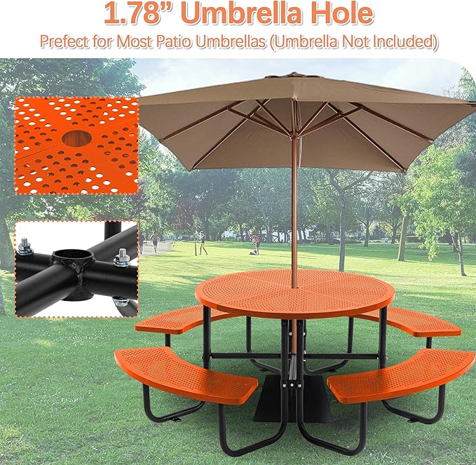 46'' Steel Round Picnic Table for Outdoors, Expanded, Lifetime Picnic Table with Umbrella Hole, Heavy Duty Sturdy Commercial Picnic Tables for Garden Courtyard BBQ, Orange
