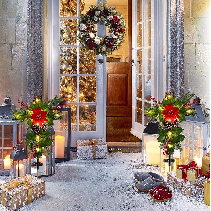 2 Pack Outdoor Solar Lights Christmas Decorations, Cross Stake Lights with Faux Poinsettia Pine Cones Red Berries and Foliage for Garden Patio Grave