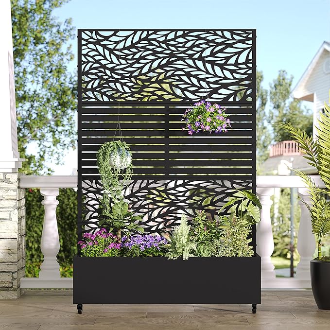 Casaphoria Metal Raised Garden Bed with Trellis and Wheels, 72"x47"x16" Planter Box for Climbing Plants, Vegetables & Vines, Features Drainage Holes and Privacy Screen, Black(Spring&Louvered)