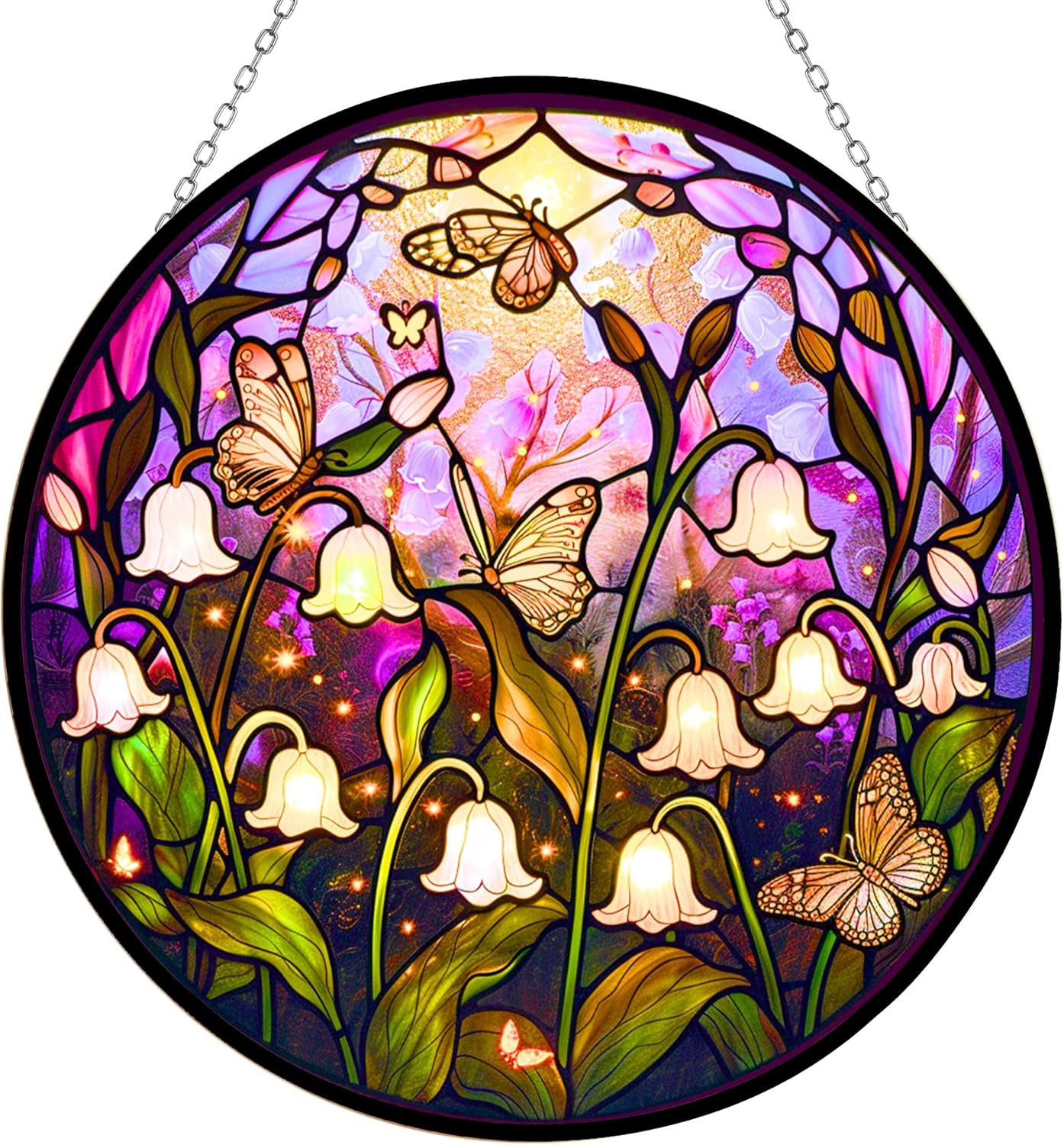 Lily Stained Glass Window Hanging, Lily of The Valley Flower Sun Catchers Colorful Glass Panel Green Plants Christmas Suncatcher Decor for Birthday for Women,Men,Wife, Lovers & Mom 6.3 in