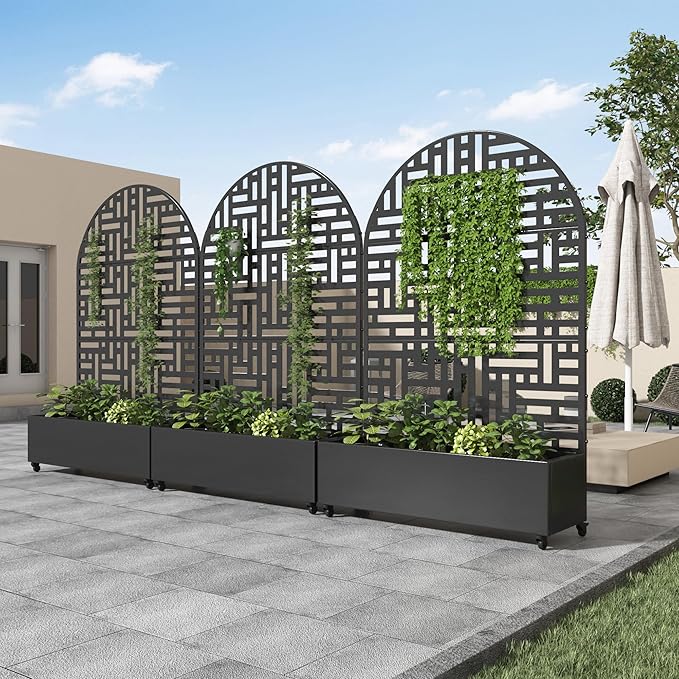 Casaphoria Metal Raised Garden Bed with Trellis and Wheels, 72"x47"x16" Planter Box for Climbing Plants, Vegetables & Vines, Features Drainage Holes and Privacy Screen (Black-Helen)