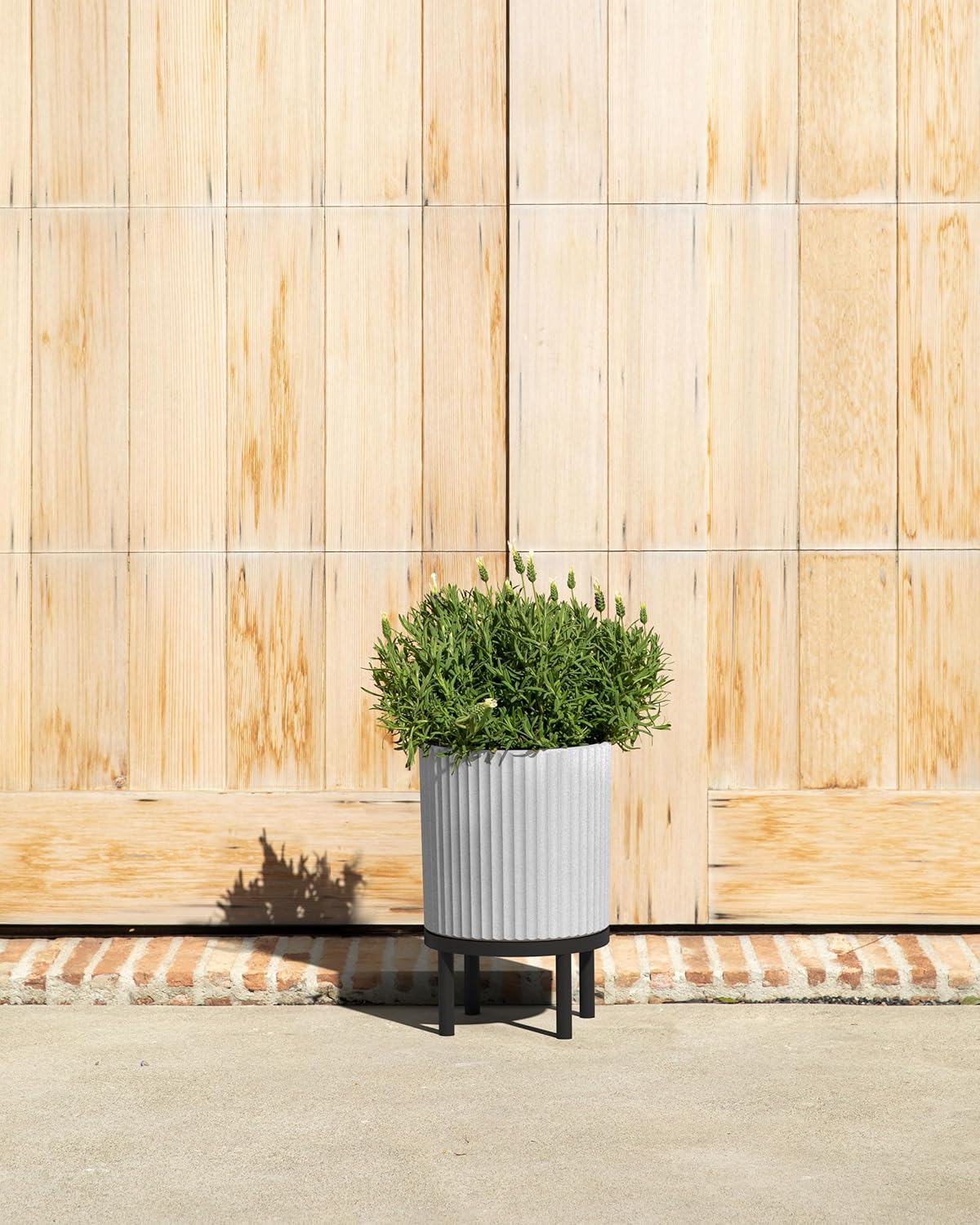 Veradek Demi Series Round Planter w/Stand for Porch/Patio | Durable Plastic-Stone Composite & Wooden Stand | Modern Décor for Tall Plants, Flowers