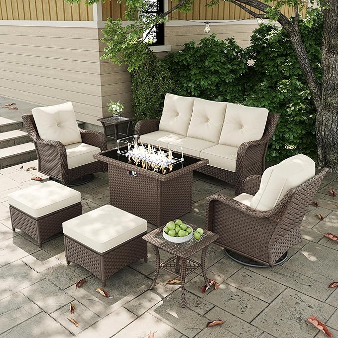 7 Pieces Outdoor Patio Furniture Sets with Rocking Swivel Chairs with 6-inch Thick Cushion and Fire Pit Table for Deck Lawn