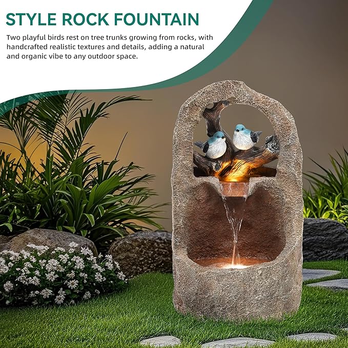27" Outdoor Water Fountain with LED Lights,2-Tier Bird Natural Zen Garden Fountain, Relaxing Waterfall Floor, Yard, Porch or Deck Decor, Whether-Resistant, Faux Granite Texture