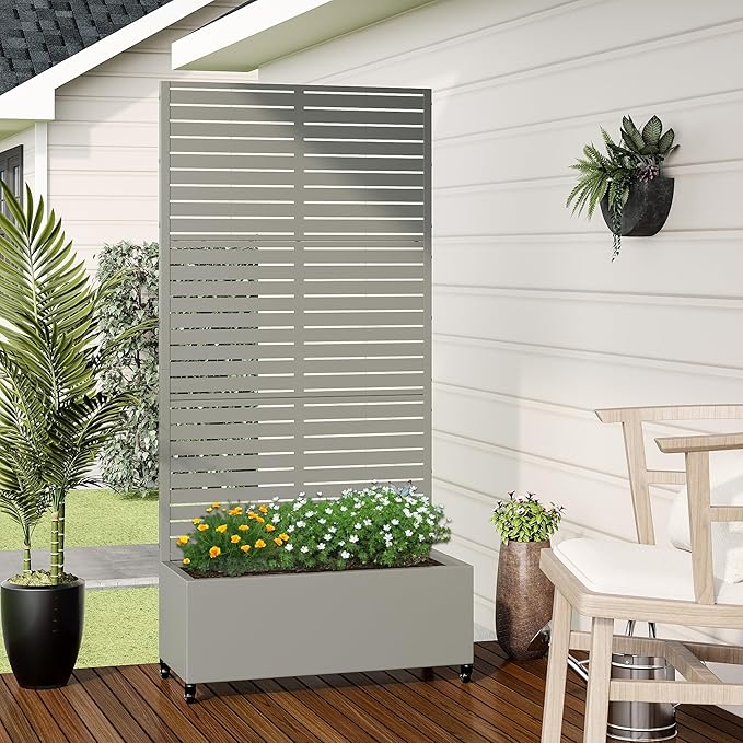 Casaphoria Metal Raised Garden Bed with Trellis and Wheels, 72"x35"x16" Planter Box for Climbing Plants, Vegetables & Vines, Features Drainage Holes and Privacy Screen (Grey-Louvered)